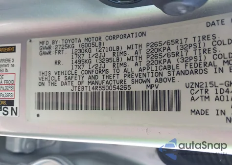2005 Toyota 4Runner Sr5 Sport V8 z USA, uszkodzony, nr VIN JTEBT14R550054265